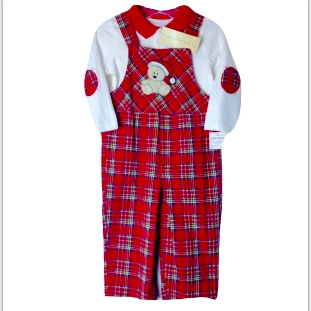 First Impressions 2pc Plaid Overalls Outfit Holiday 18 Months Christmas